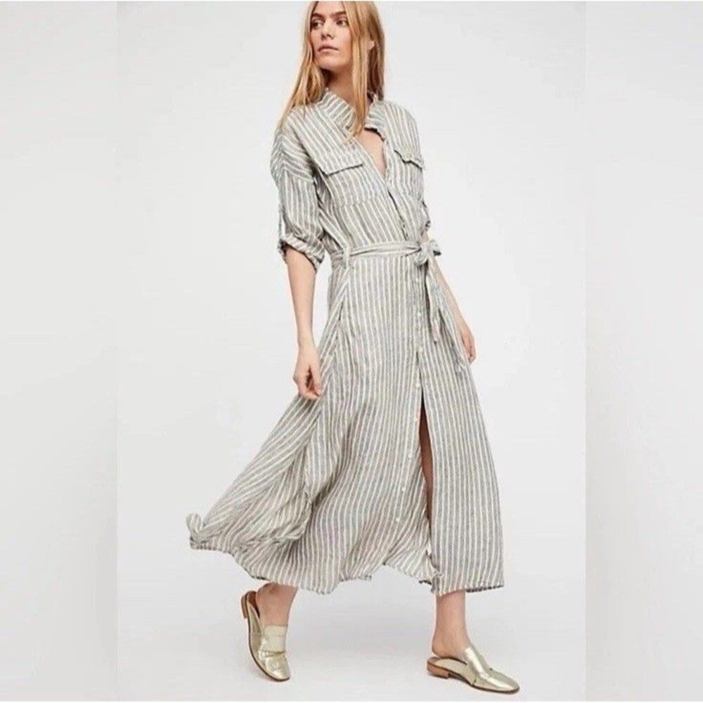 CP Shades Free People Linen Maxi Dress M Striped Shirt Dress Lagenlook Cottage